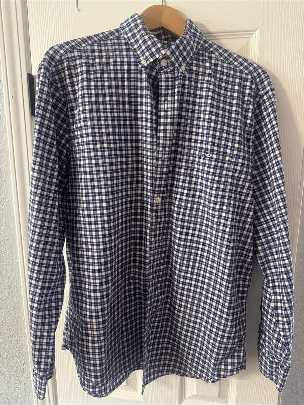 Vineyard Vines Men's Navy and White Plaid Button-Down Shirt - Picture 1 of 5